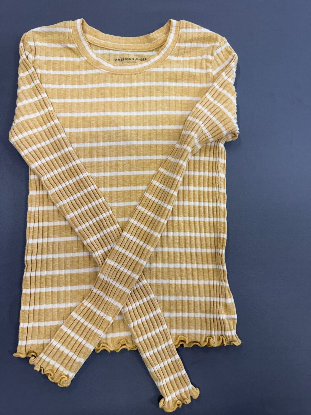 American Eagle Women's Ribbed Long Sleeve Shirt XS Yellow Striped Stretch To